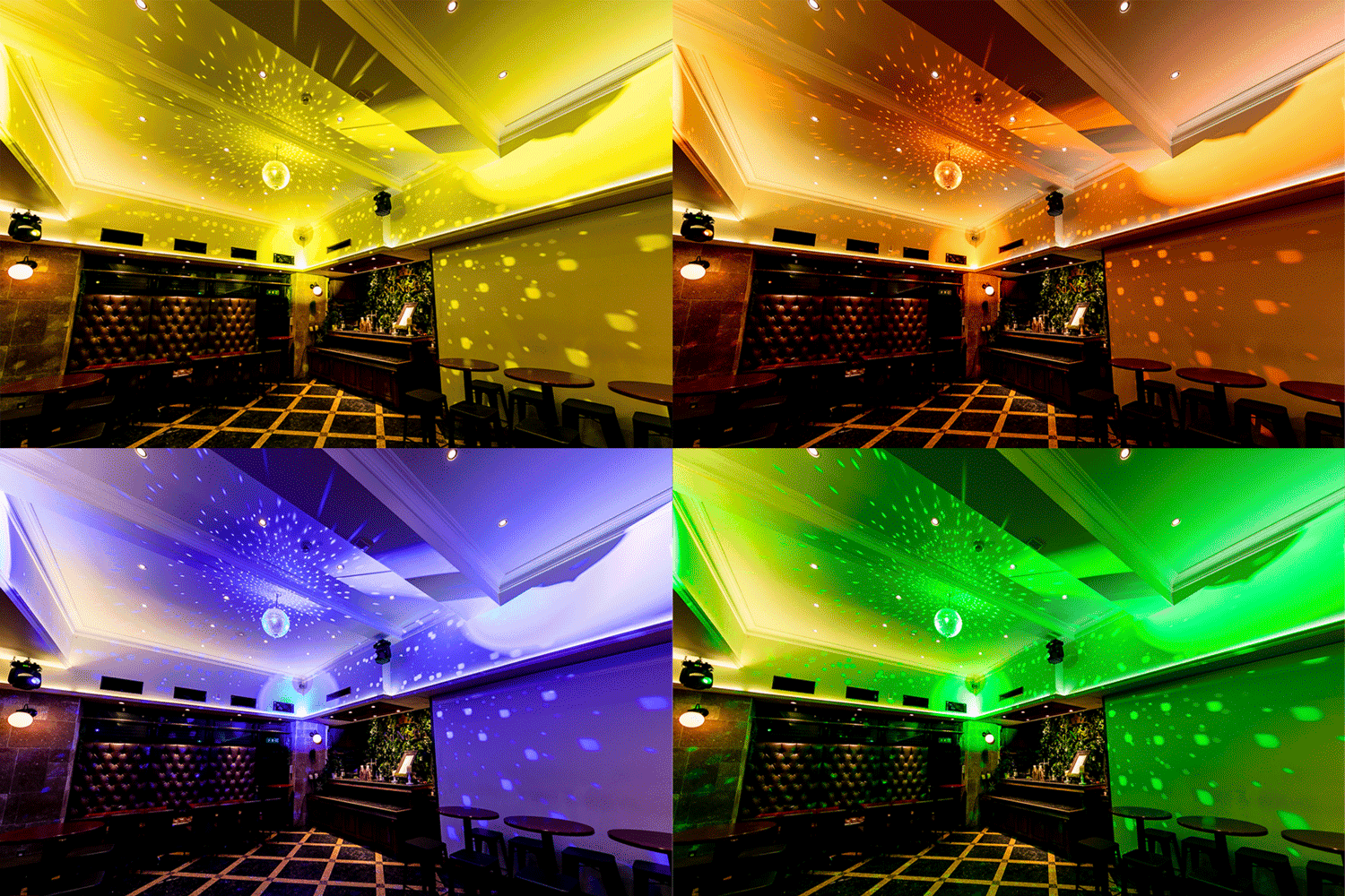 ミラーボール演出も可能です。様々な色に設定できます。徐々に色が変わっていく演出も出来ます。 (ミラーボール演出はオプション「ムー