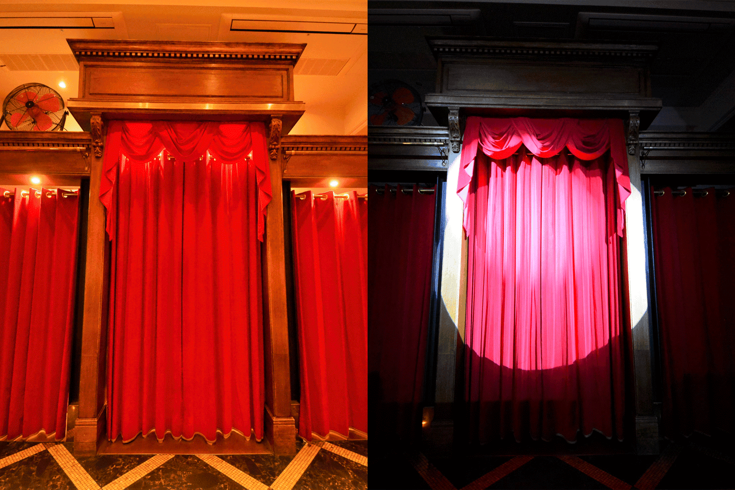 入場門 扇風機は感染症対策のため、空気をより循環させるために設置しております。 カーテンは手動になりますが、ワンポイント演出とし