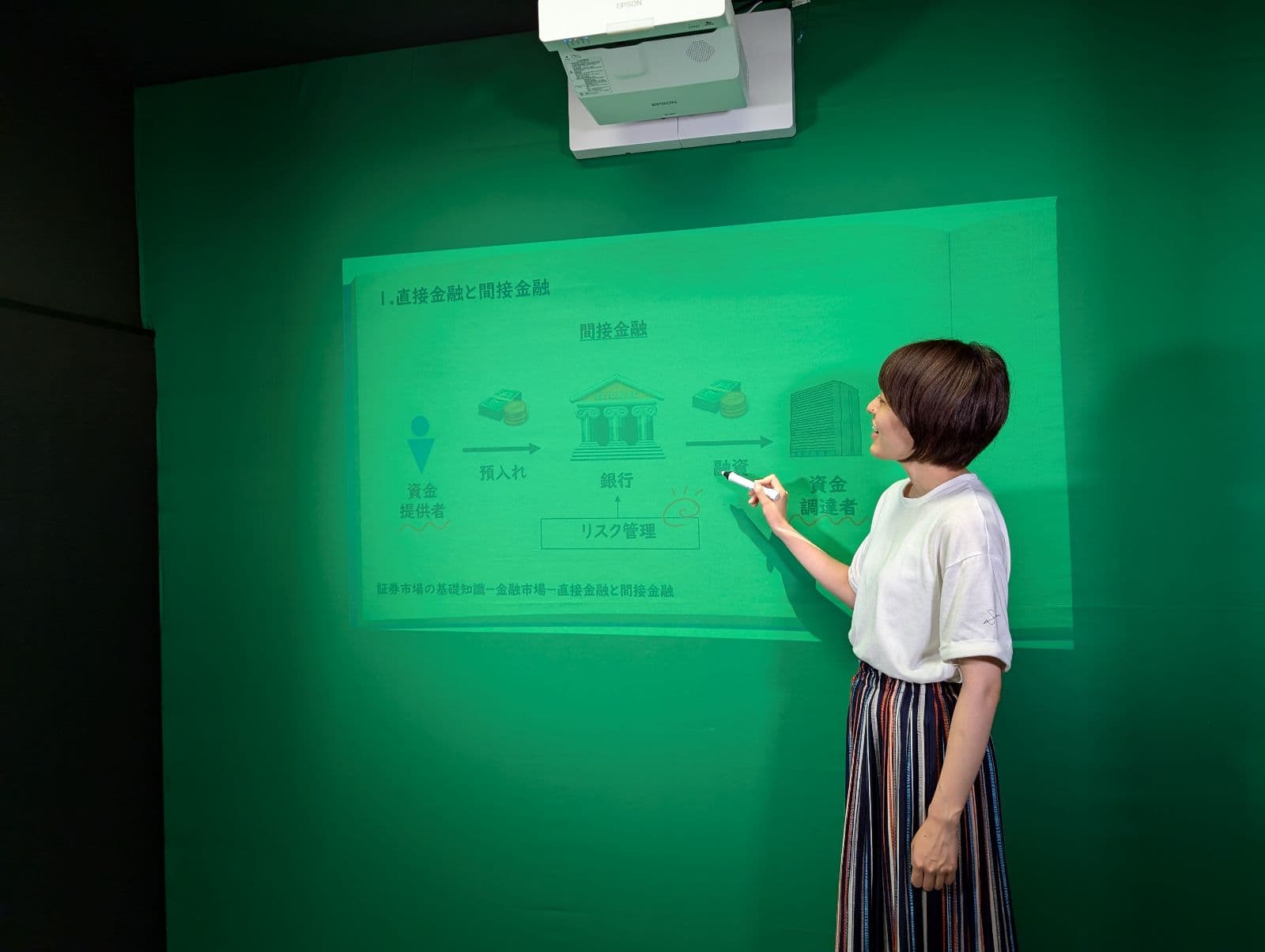 プロジェクター型電子黒板を使って、スライドに文字や図を書き込みながらの撮影が可能です。