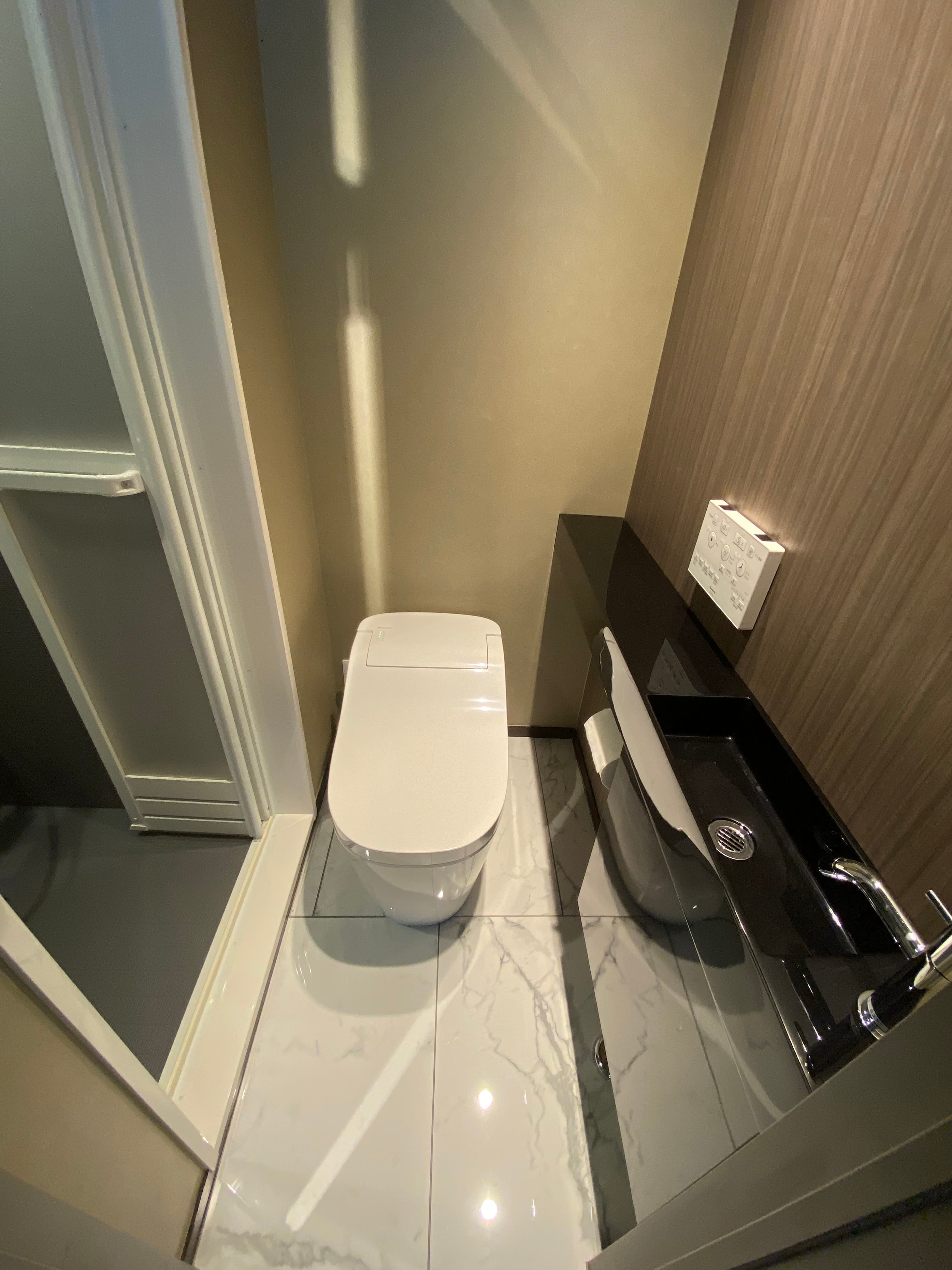 タンクレストイレ、カウンター、トイレもラグジュアリーな空間に仕上げました。