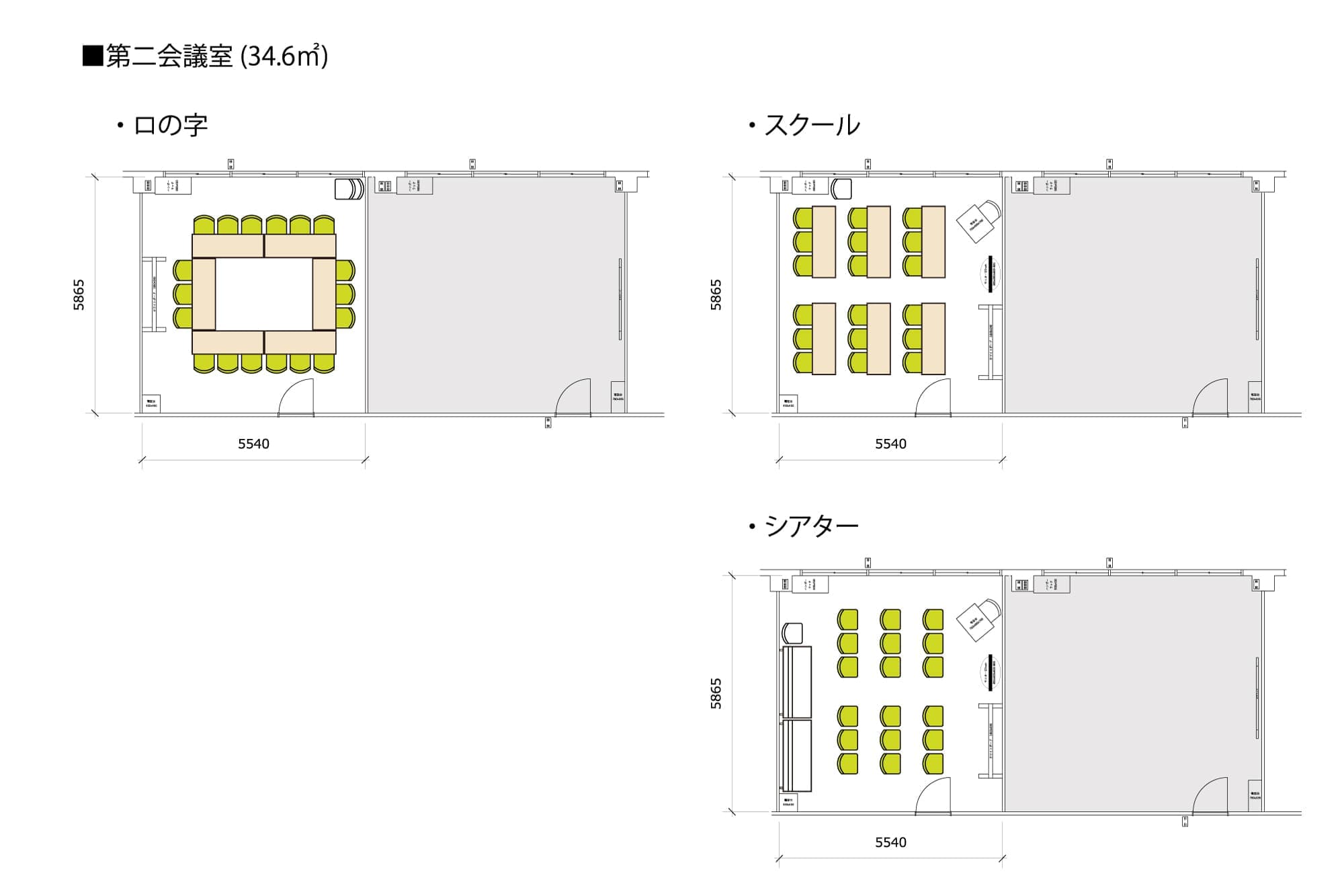 【レイアウト例】最大18名着席できます。基本レイアウトはロの字となります。予約時に希望レイアウトをお伝えいただければ事前にセッテ