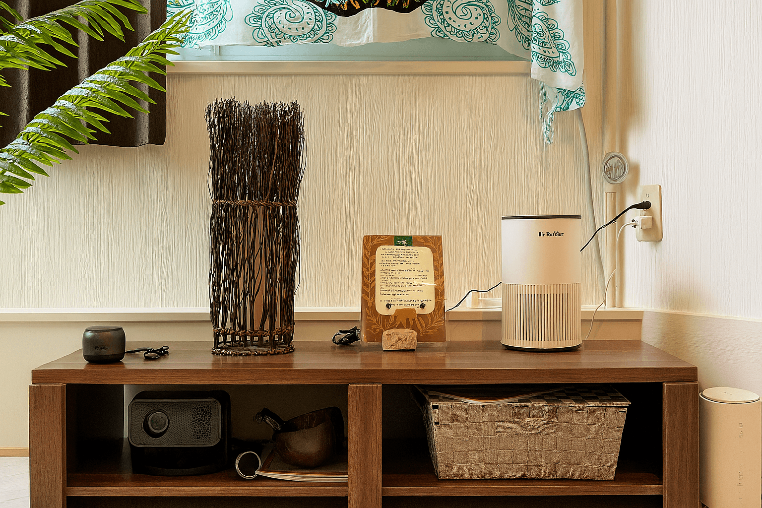 色調の間接照明、Bluetoothスピーカー、AI空気清浄機