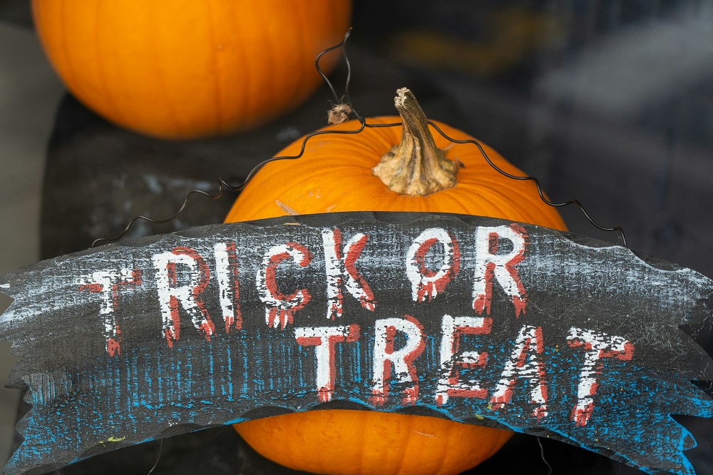 大きなカボチャに飾られた「Trick or Treat」のプレート